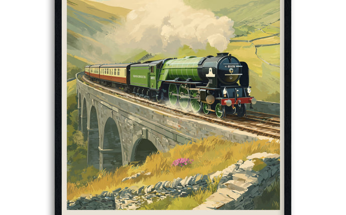 Vintage-style framed poster of a steam locomotive named 'Tornado' on a bridge with green hills and clouds in the background.